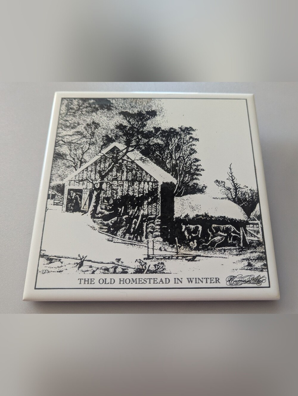 Currier and Ives Art Tile Wall Trivet "The Old Homestead In Winter" 6"x6"